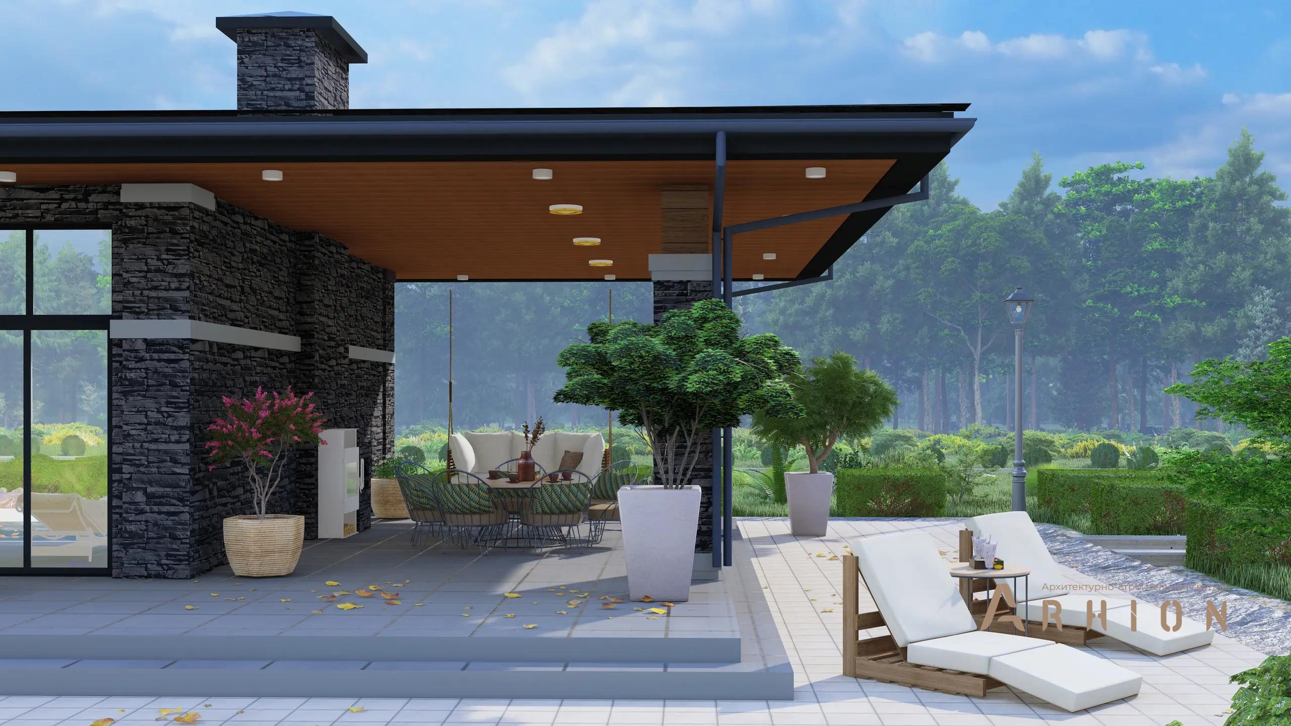 3. Проект двухэтажного дома в стиле Ллойда Райта (прерий) с четырехскатной, h-1604, площадью - 433 кв c сауной, терассой, гаражом, бассейном